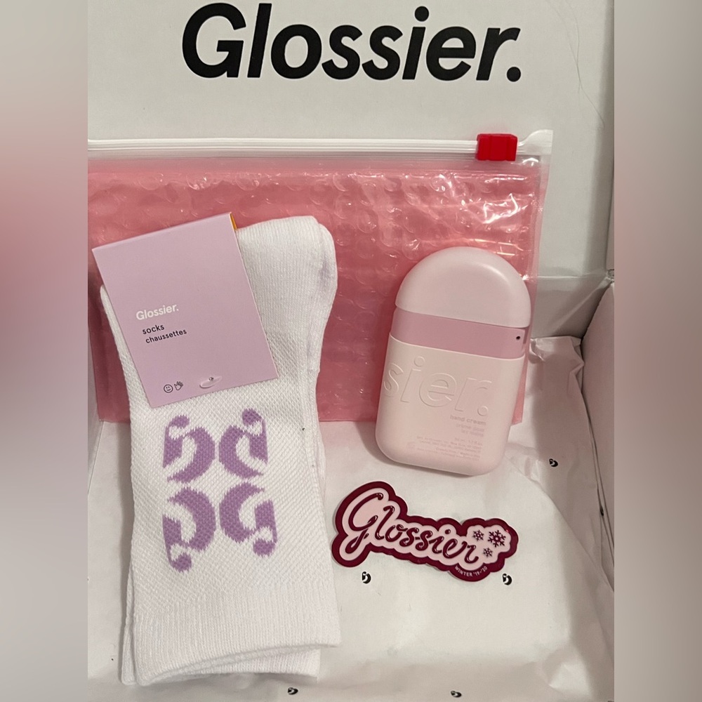 Glossier Cozy G Socks, Hand Cream, Pink Pouch, + Sticker (winter 19/20)